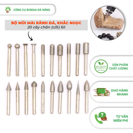 Bộ 20 cây trục 6mm đủ loại mũi mài kim cương, đầu mài rãnh đá, khắc đá, đánh bóng ngọc siêu cứng LBS-04