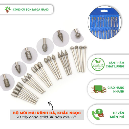 Bộ 20 cây trục 3mm đủ loại mũi mài kim cương, đầu mài rãnh đá, khắc đá, đánh bóng ngọc siêu cứng LBS-05